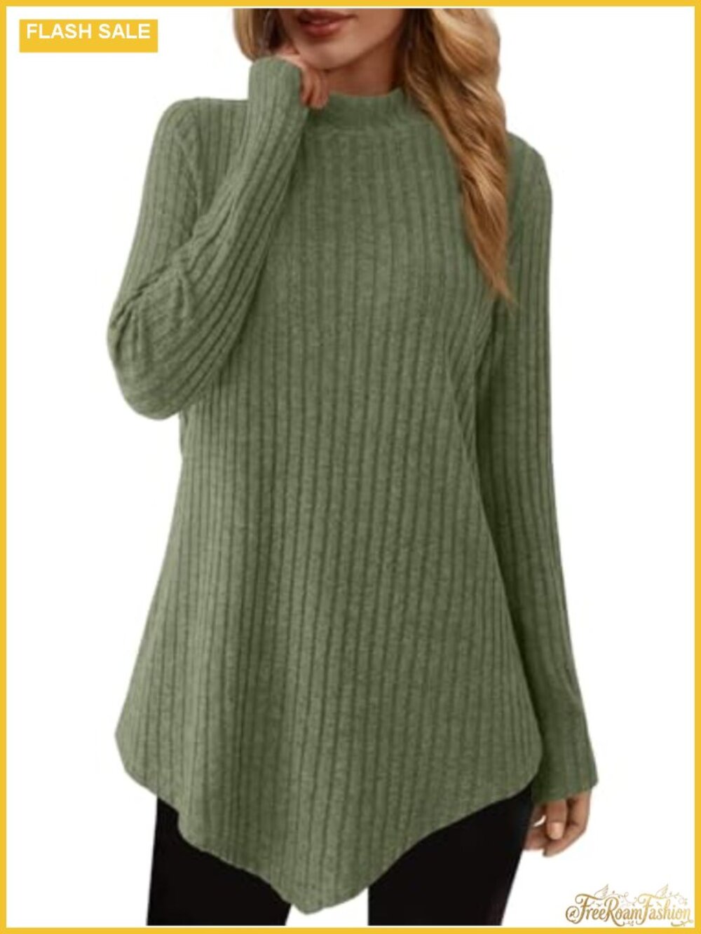 Womens Ribbed Knit Turtleneck Tunic Sweater Long Sleeve Asymmetrical Hem